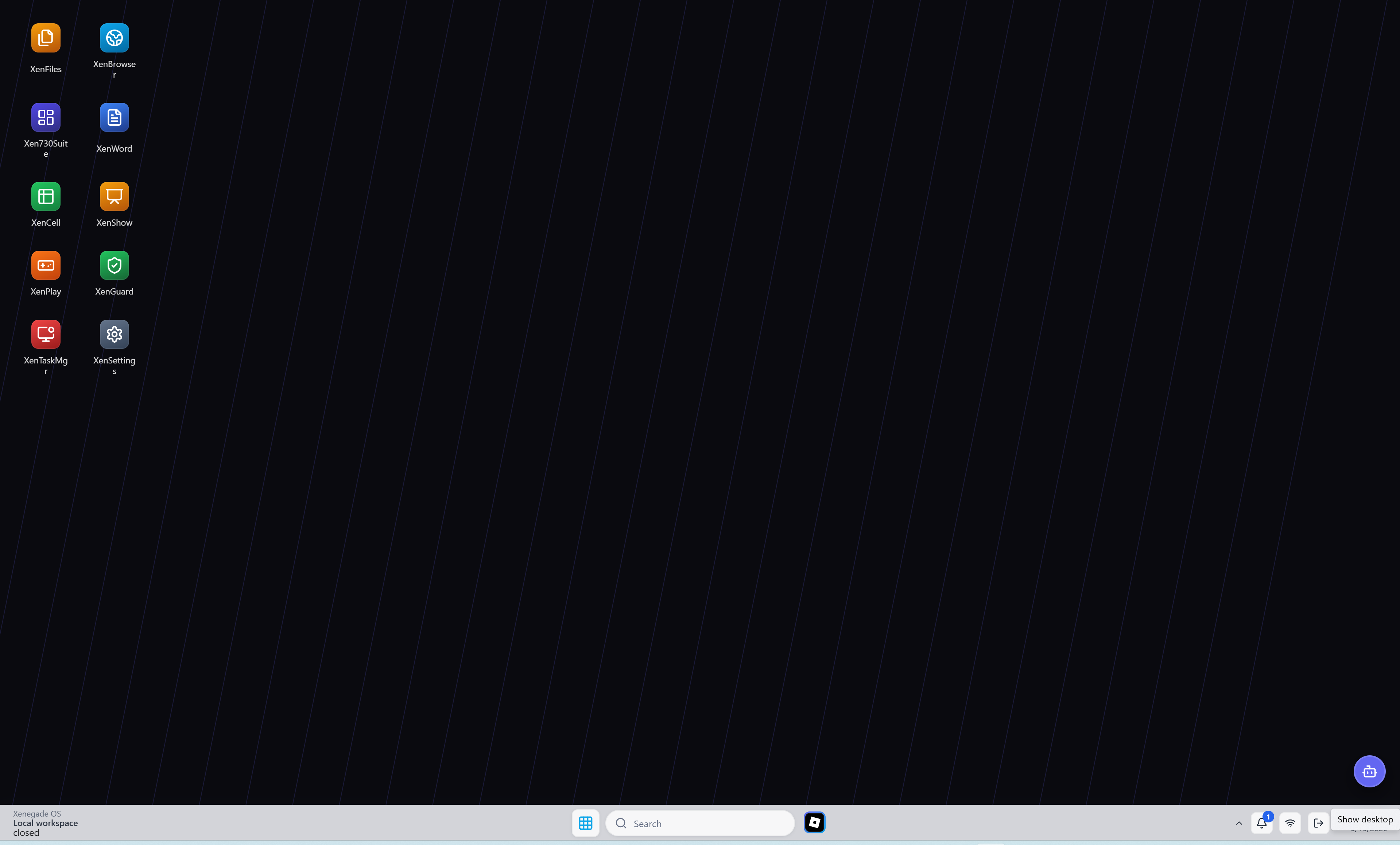 Xenegade OS homescreen showing the main desktop interface with dark panels and glowing accents