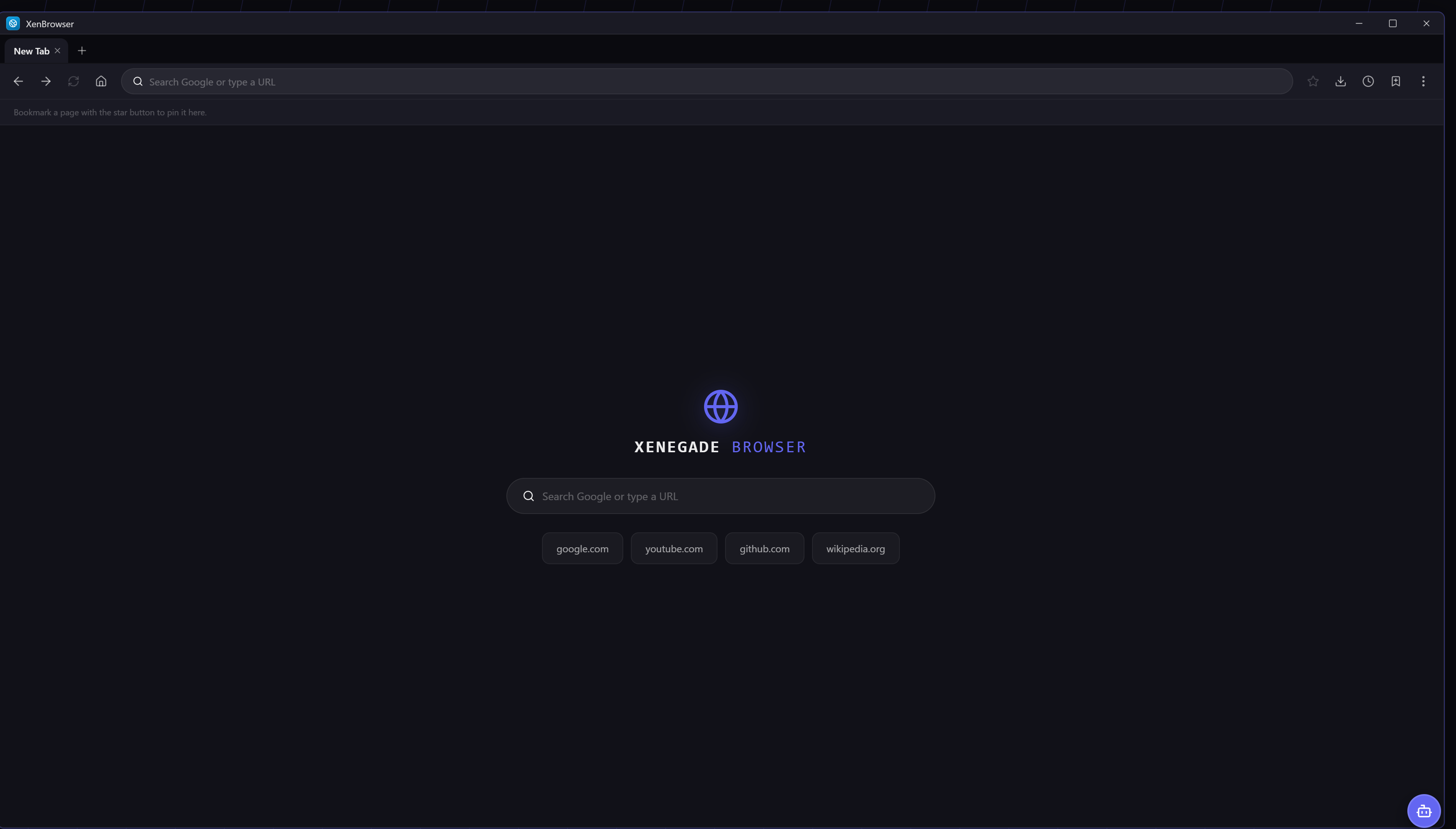 XenBrowser — the built-in web browser inside Xenegade OS with a sleek dark interface